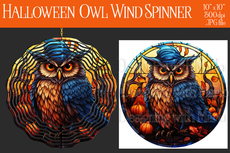 Halloween Owl Wind Spinner, Autumn Owl Wind Spinner, w25 example image 1