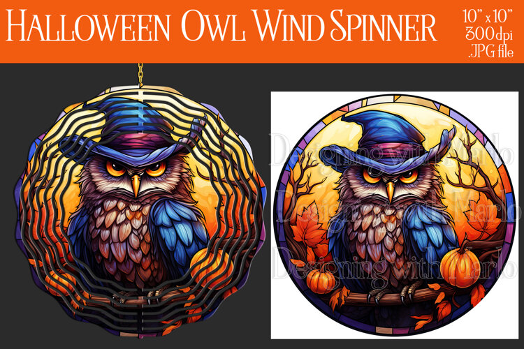 Halloween Owl Wind Spinner, Autumn Owl Wind Spinner, w26 example image 1