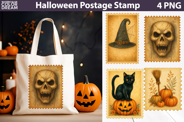 Halloween Postage Stamp | Black Cat Skull Pumpkin Card