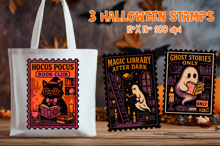 Funny Halloween Book Stamp PNG | Ghost Cat Library