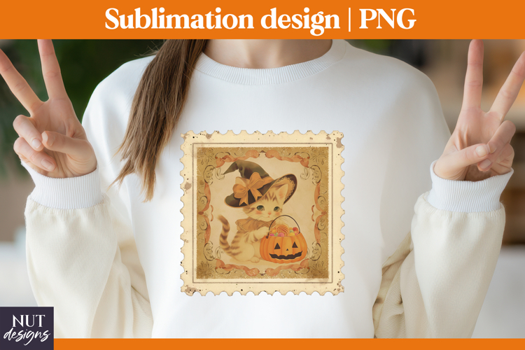 Post Stamp Halloween sublimation, Retro cute cat, t shirt