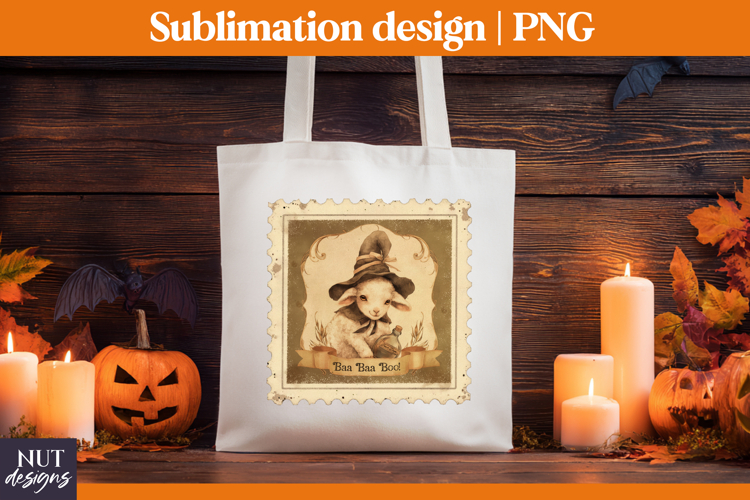 Post Stamp Halloween tote bag Vintage Witch Lamb Stamp PNG