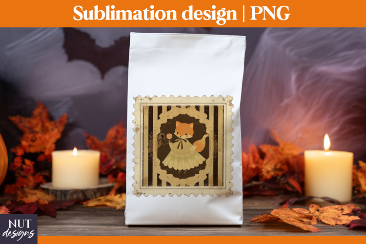 Post Stamp Halloween sublimation, Retro cute fox, treat bag