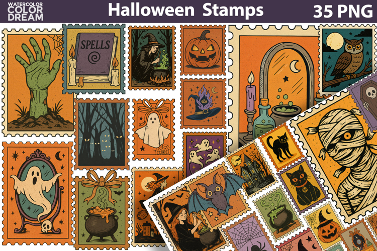 Vintage Halloween Postage Stamp Bundle | Spooky Clipart