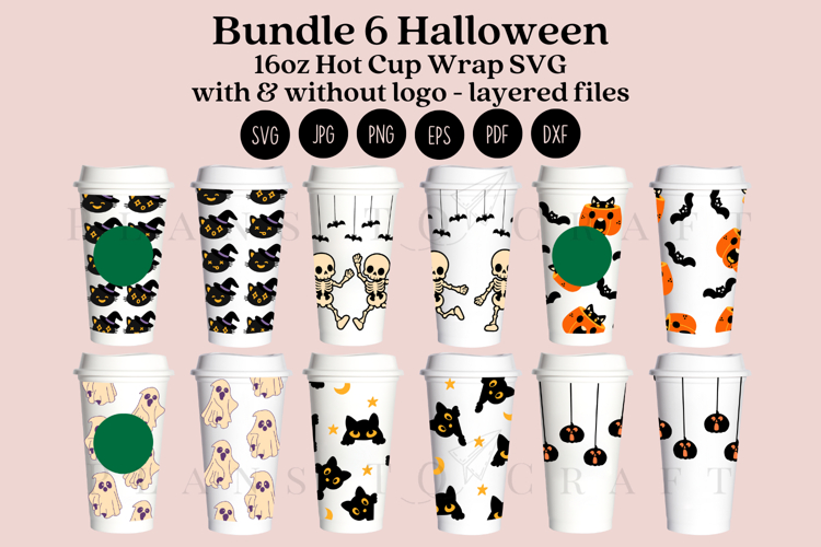 Bundle 6 Halloween 16oz Hot Cup Tumbler Wrap SVG
