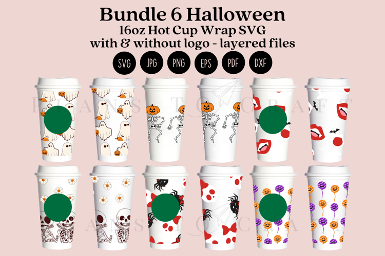 Bundle 6 Halloween 16oz Hot Cup Tumbler Wrap SVG