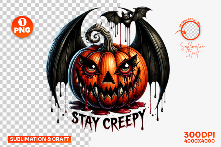 Halloween Stay Creepy Bat Pumpkin Sublimation Clipart PNG
