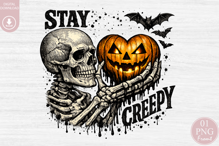Halloween Stay Creepy Sublimation, Skeleton Heart Pumpkin