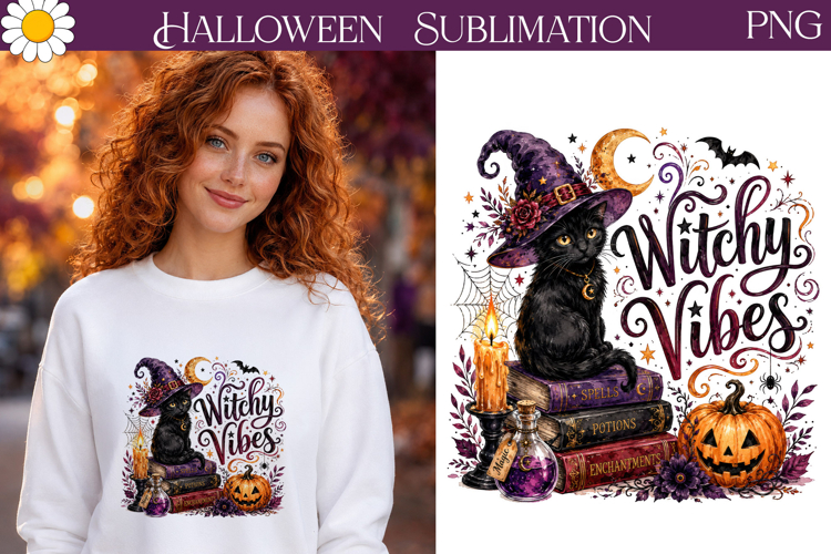 Witchy Vibes PNG | Black Cat Halloween Sublimation Design