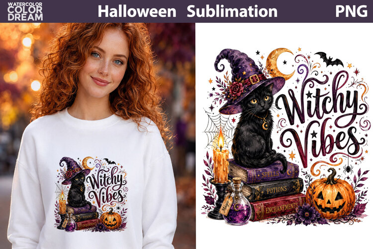 Witchy Vibes Black Cat | Halloween Sublimation example image 1