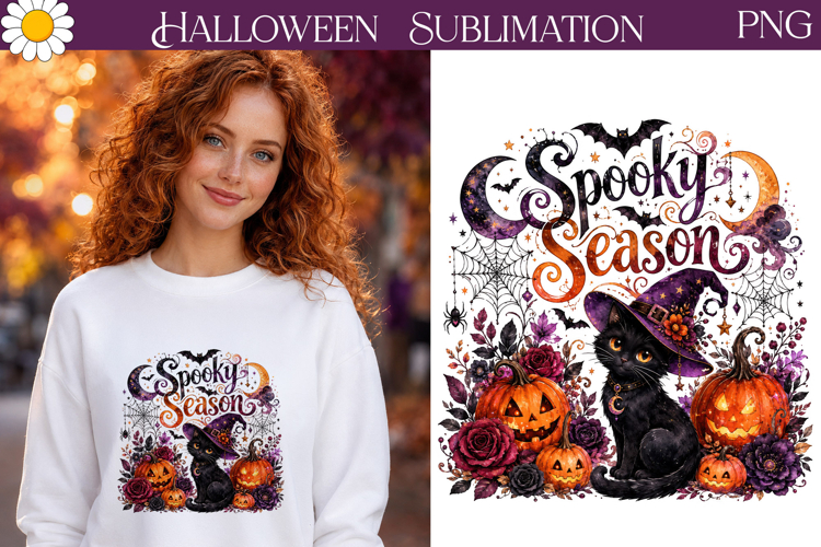 Black Cat Spooky Season | Halloween Sublimation PNG
