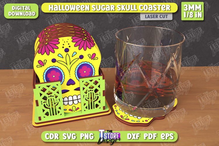 Sugar Skull Coaster Laser Cut | Drinks Coasters with Stand