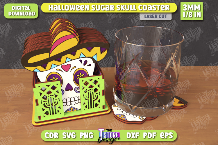 Sugar Skull Coaster Laser Cut | Drinks Coasters with Stand