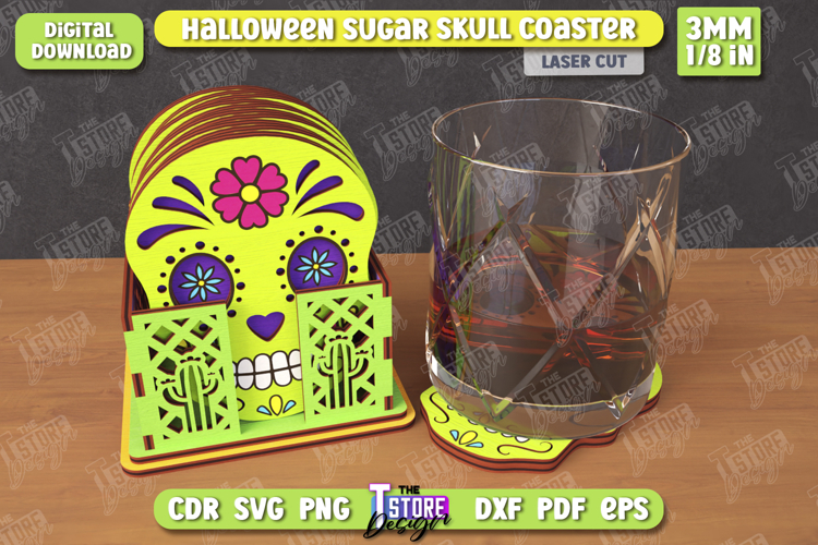 Sugar Skull Coaster Laser Cut | Drinks Coasters with Stand