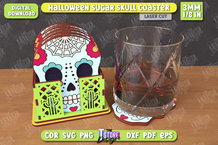 Sugar Skull Coaster Laser Cut | Drinks Coasters with Stand