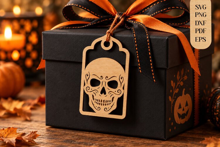 Halloween Sugar Skull Gift Tag Laser Cut SVG example image 1