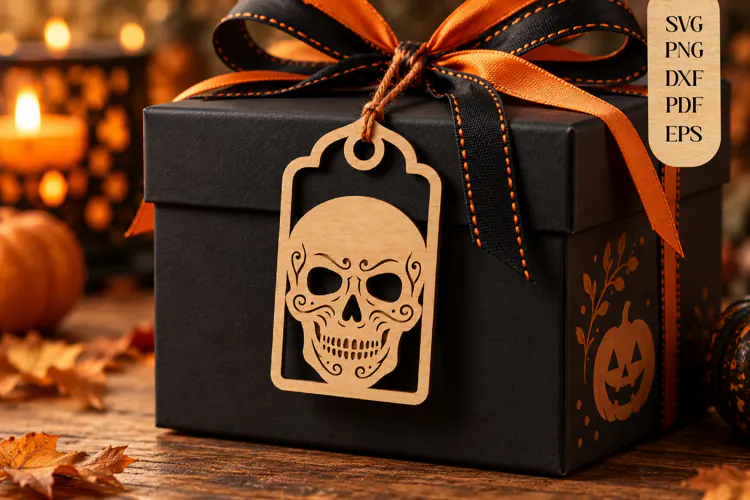Halloween Sugar Skull Gift Tag Laser Cut SVG