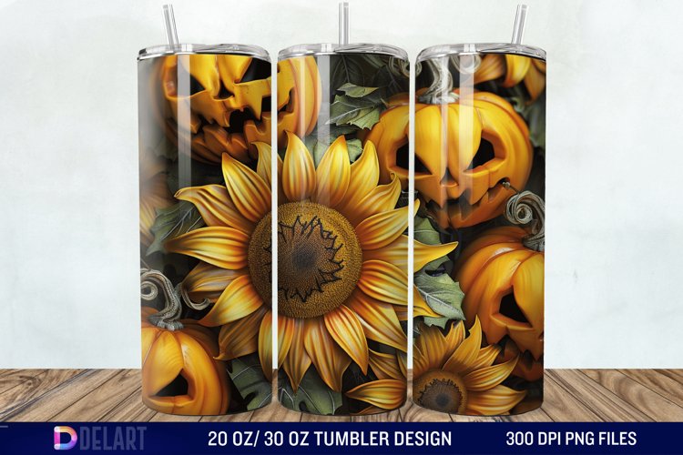 3D Halloween Sunflowers with Pumpkins Tumbler Wrap