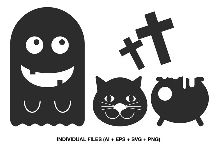Halloween SVG silhouette collection with ghost, black cat, cauldron and cemetery crosses