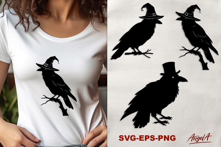 Halloween clipart SVG, black raven with witch hat silhouette