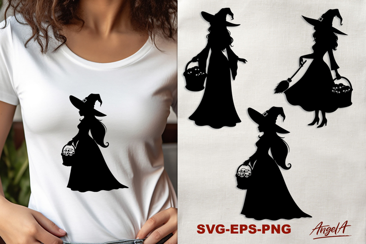 Halloween clipart SVG, silhouette of witch with a basket SVG