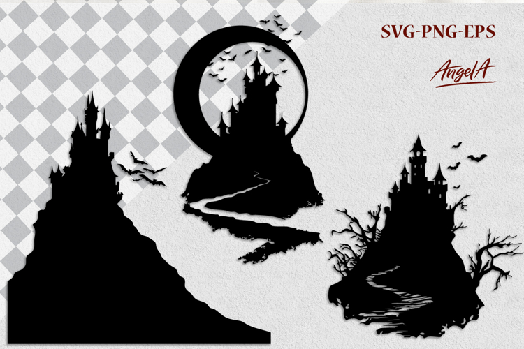 Haunted house silhouette, castle Scary Halloween clipart SVG