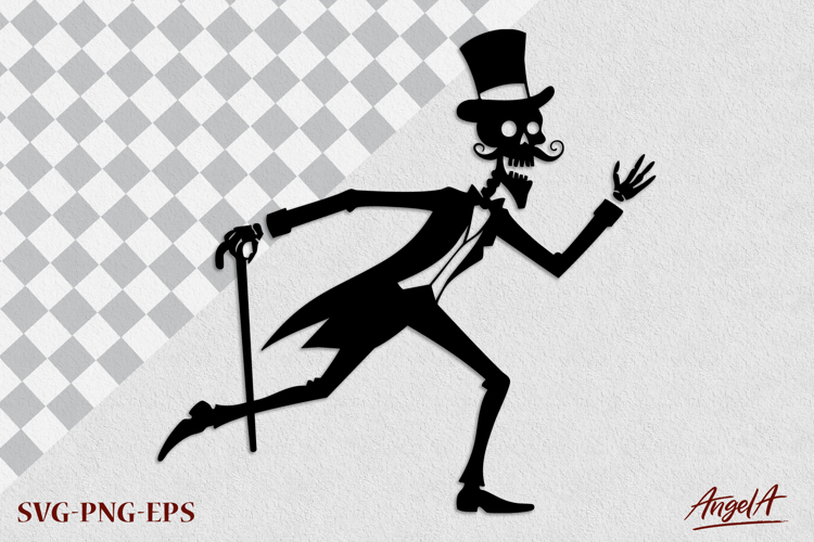 Silhouette of dancing skeleton with top hat Halloween SVG