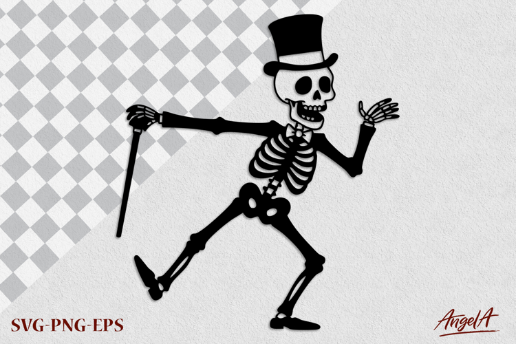 Silhouette of dancing skeleton with top hat SVG Halloween