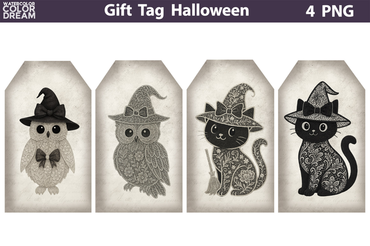 Halloween Gift Tags | Owl and Black Cat Lace Junk Journal