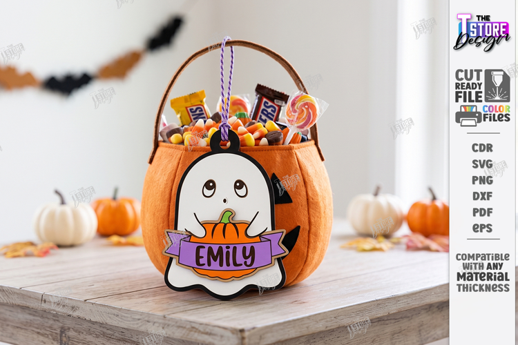 Halloween Basket Name Tag Laser Cut | Kids Tags | Ghost SVG