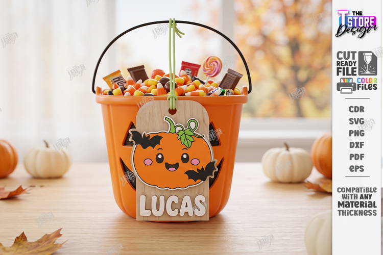 Halloween Basket Name Tag Laser Cut | Kids Tags | Pumpkin