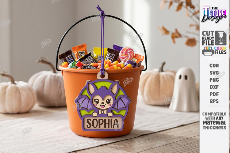 Halloween Basket Name Tag Laser Cut | Kids Tags | Bat SVG