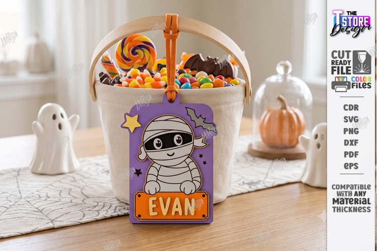 Halloween Basket Name Tag Laser Cut | Kids Tags | Mummy SVG
