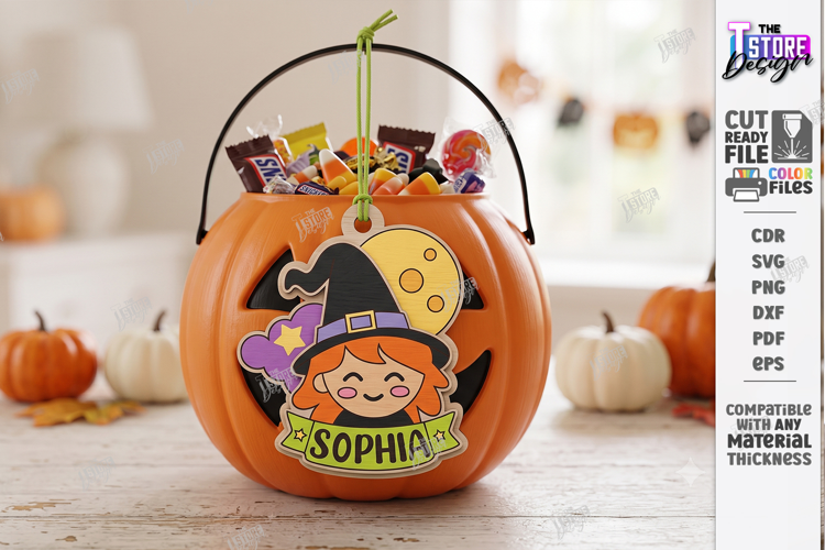 Halloween Basket Name Tag Laser Cut | Kids Tags | Witch SVG