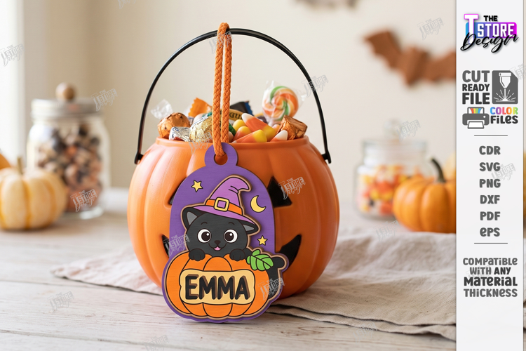 Halloween Basket Name Tag Laser Cut | Kids Tags | Witch Cat