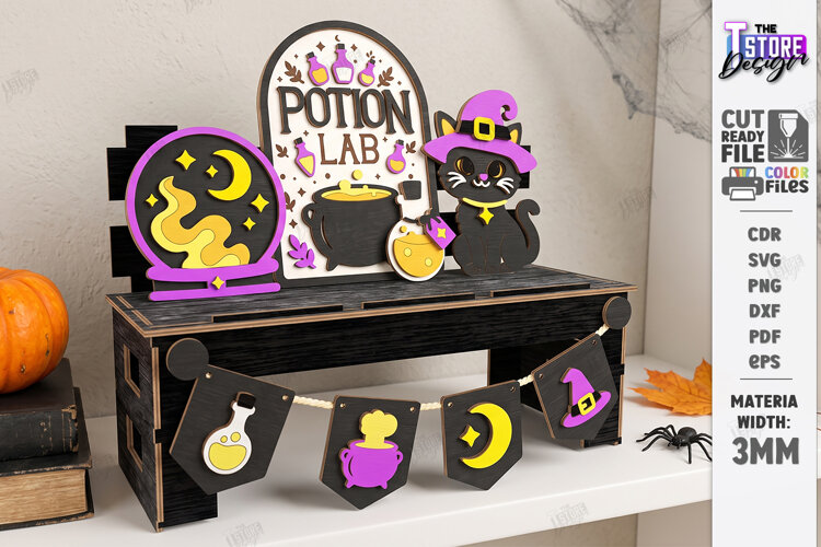 Halloween Tiered Tray Bench Decor Laser Cut | Potion Lab SVG example image 1
