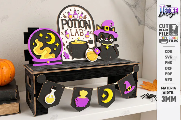 Halloween Tiered Tray Bench Decor Laser Cut | Potion Lab SVG