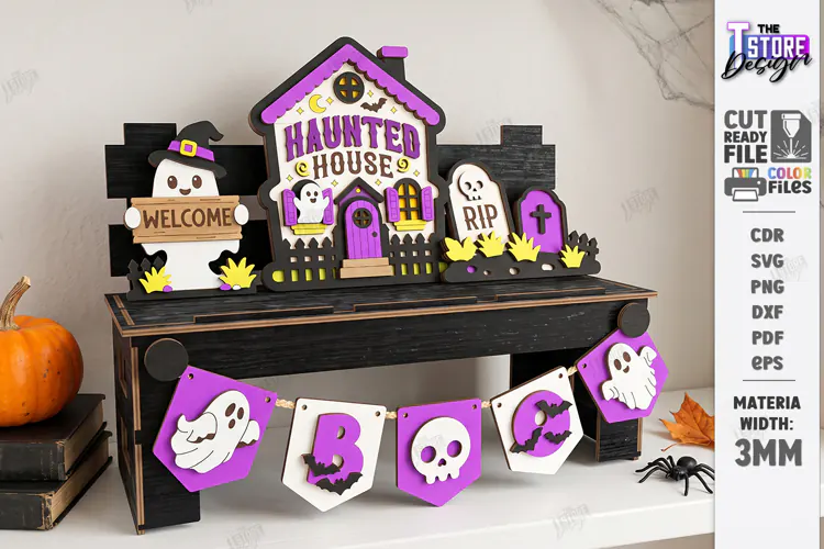 Halloween Tiered Tray Bench Decor Laser Cut | Haunted House