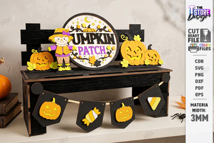 Halloween Tiered Tray Bench Decor Laser Cut | Pumpkin Patch