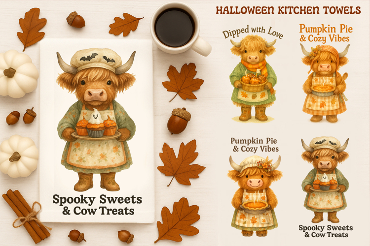 Fall Kitchen Towel, Cute Highland Cow, Halloween Towel