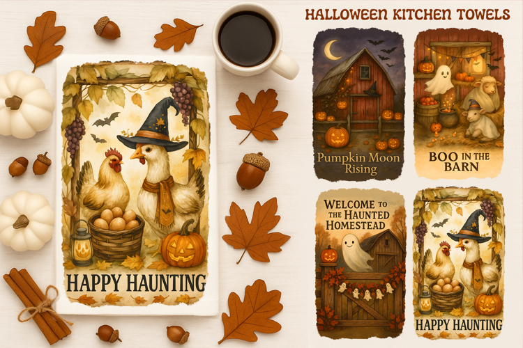 Halloween Kitchen Towel, Cute Farm Animals