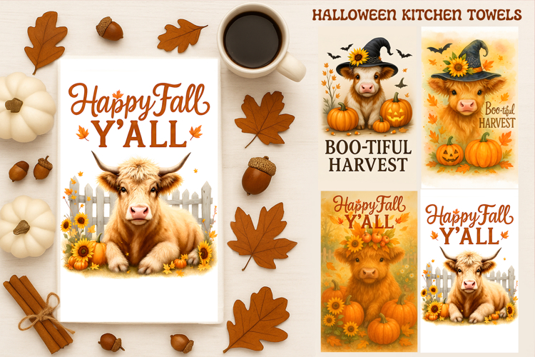 Fall Kitchen Towel, Cute Highland Cow, Halloween Towel