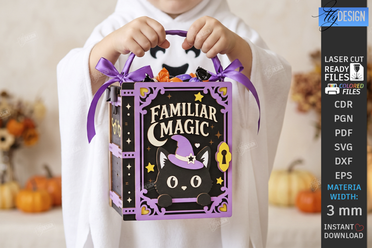 Halloween Treat Basket Laser Cut | Candy Box with Witch Cat