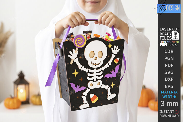 Halloween Treat Basket Laser Cut | Candy Box with Skeleton example image 1