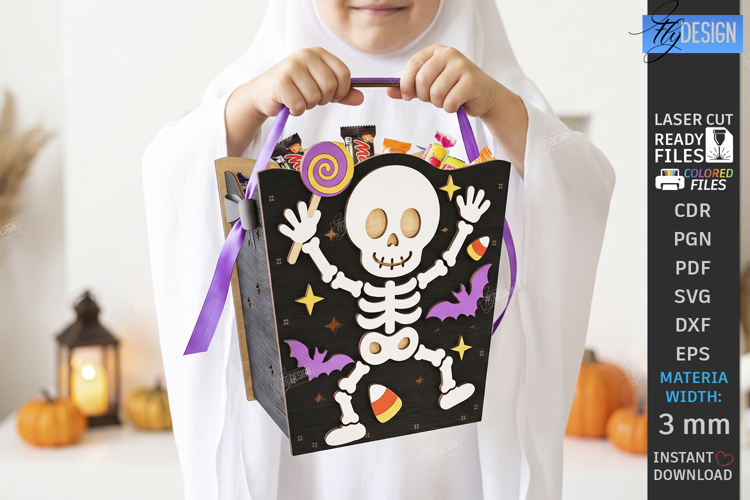Halloween Treat Basket Laser Cut | Candy Box with Skeleton