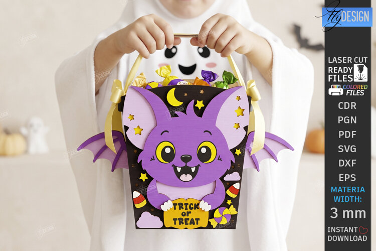 Halloween Treat Basket Laser Cut | Candy Box with Cute Bat example image 1