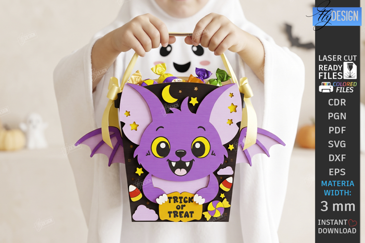 Halloween Treat Basket Laser Cut | Candy Box with Cute Bat