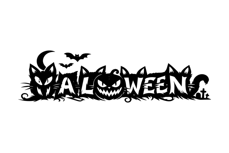 Halloween Typography with Cat Motif in Black and White Horiz