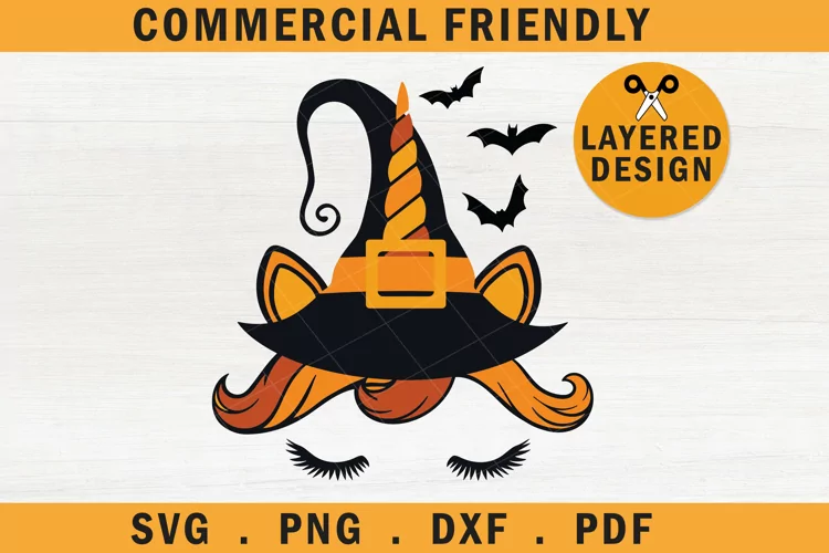 Cute Halloween unicorn witch hat SVG, Unicorn witch bats svg