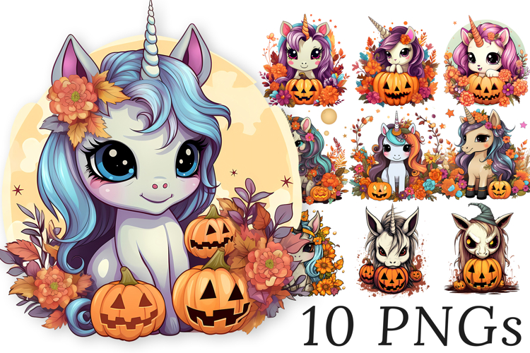 Cute Halloween Unicorn Clipart Bundle - 10 Transparent PNGs